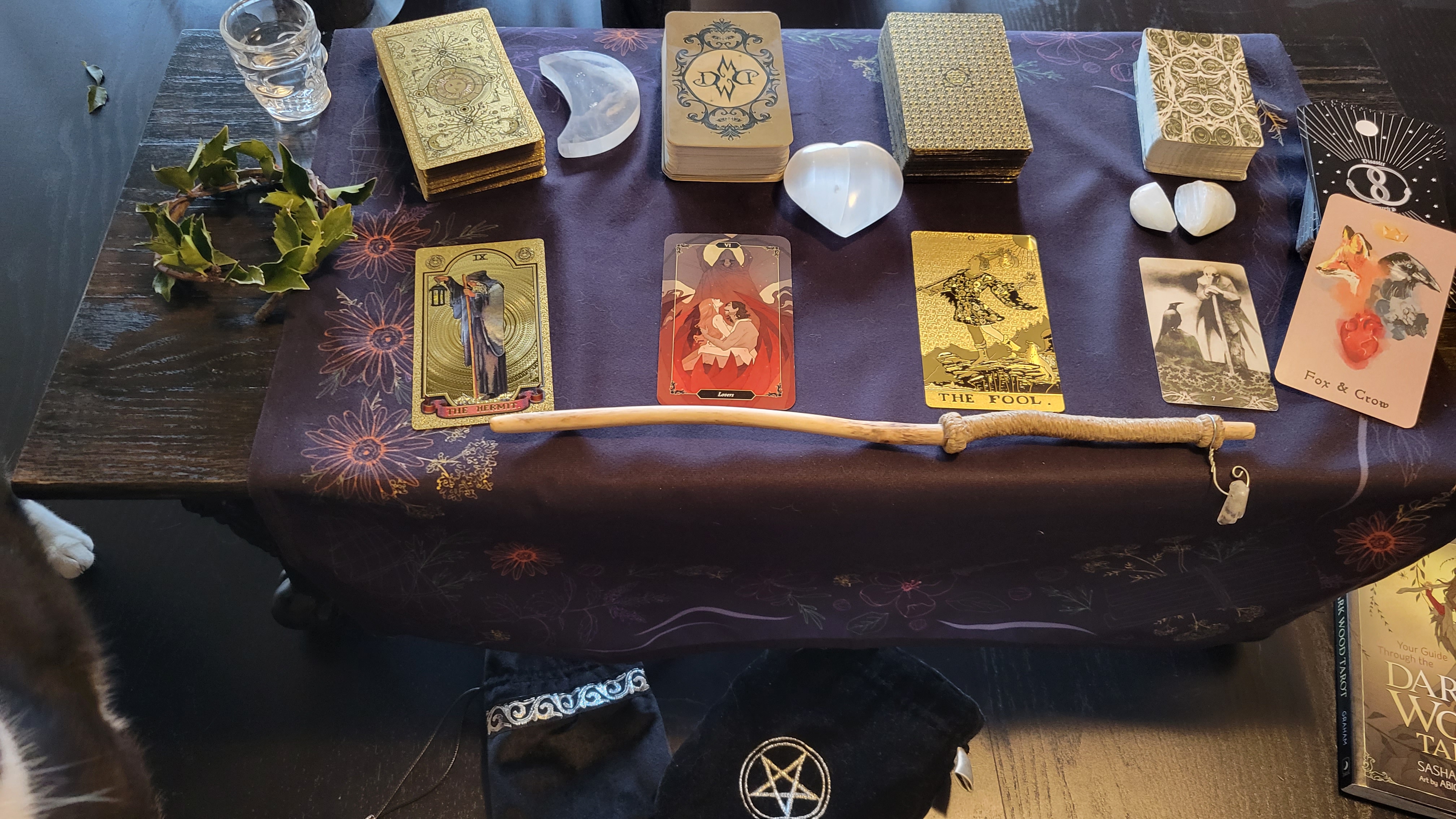 Tarot cards laid on a table.